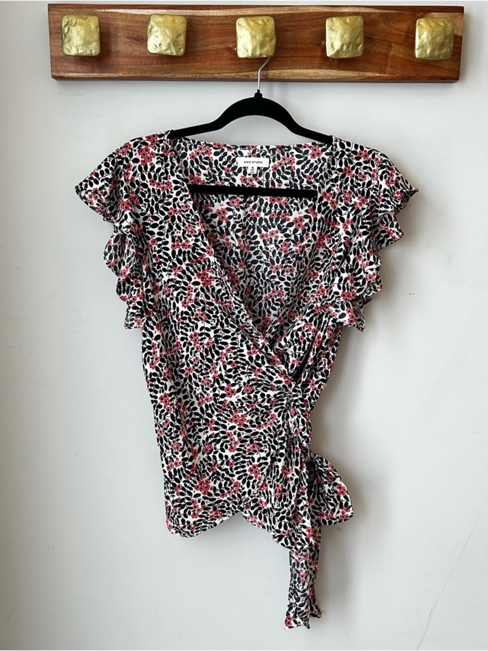 Max Studio Black, White & Pink Floral Wrap Blouse